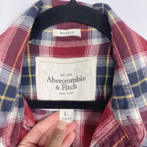 Abercrombie & Fitch Mens Large L Red Blue Plaid Flannel Button Down Shirt Cotton - Picture 5 of 7